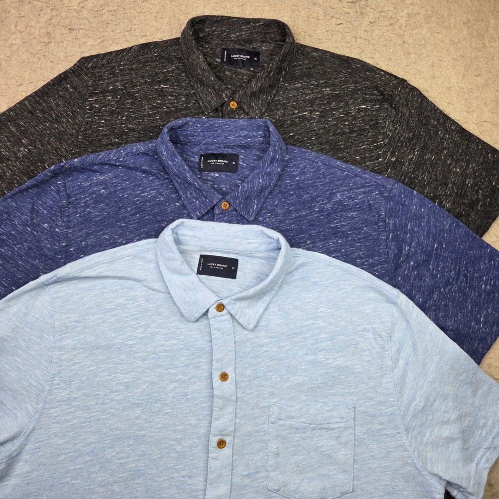 Lot of 3 Lucky Brand Linen Blend Short Sleeve Button Up Shirts Men XL Blue Black